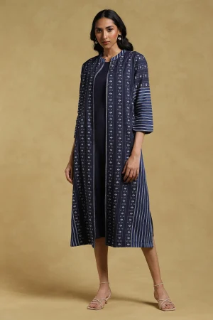 Navy Blue Striped Dress with Shrug 03 prismthestore