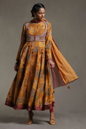 Yellow Printed Anarkali Suit Set 01 prismthestore