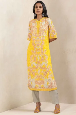 Yellow Printed Kurta Set prismthestore