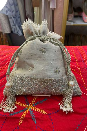 Beige Glass Work With Inner Silk Material Potli Pt 08 prismthestore