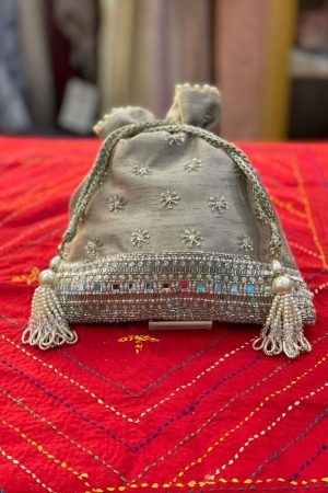 Beige Glass Work With Inner Silk Material Potli prismthestore