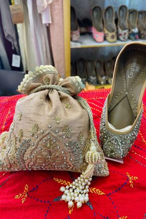 Beige Zardosi Work With Inner Silk Material Potli prismthestore