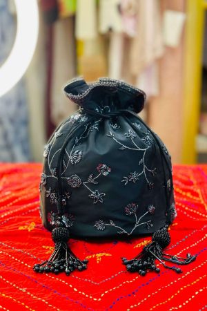 Black Hand Worked Raw Silk Exterior And Zardozi Work With Inner Silk Material Potli prismthestore