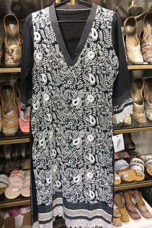 Black White Embroidered Kurta prismthestore