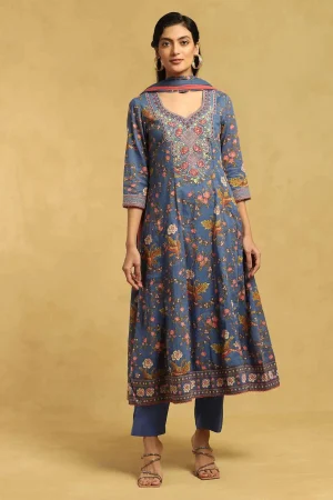 Blue Botanic Print Embroidered Suit Set prismthestore