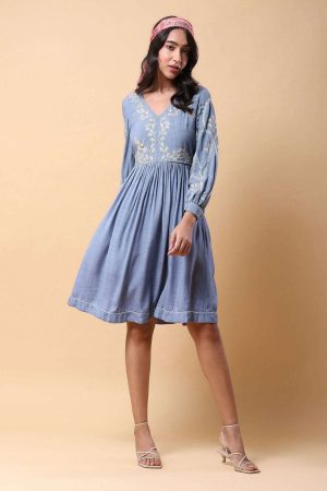 Chambray Blue Embroidered Short Dress prismthestore