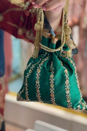 Green Handwork With Inner Silk Material Potli prismthestore