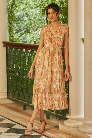 Ivory Botanical Print Ruffle Dress prismthestore