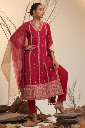 Maroon Embroidered Suit Set prismthestore