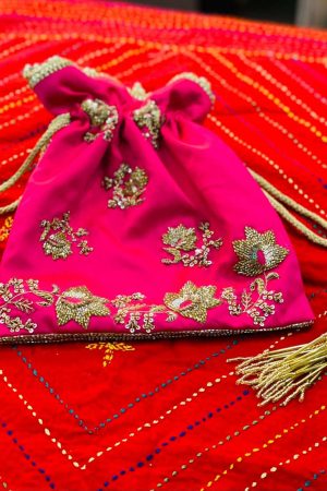 Pink Handwork With Inner Silk Material Potli prismthestore