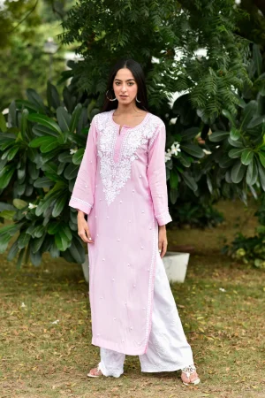 Ayma Chikankari Modal Straight Kurta with Pearl