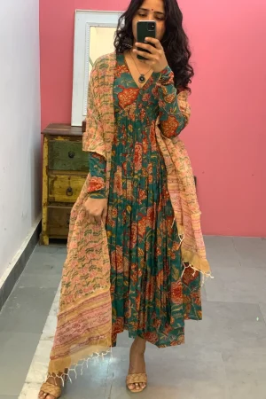 Dark green Anarkali With Full Sleeves