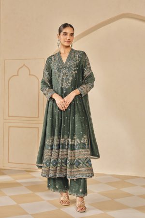 Zunaira Embroidered Mul Anarkali Set - Green